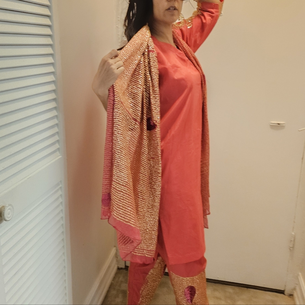 Vibrant Coral and Gold Ensemble